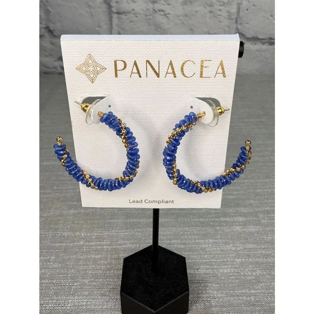 Panacea Blue Beaded Hoop Earrings with Gold Accents NWT